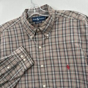 Vintage Ralph Lauren Shirt Mens XL Gray Green Plaid Button Down Classic Fit Polo